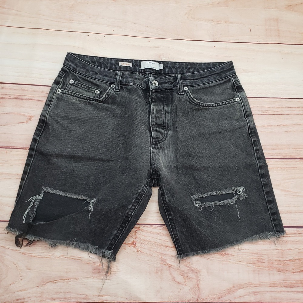Topman Denim Shorts Mens 34 Black Slim Fit Ripped Distressed Raw Hem Adult